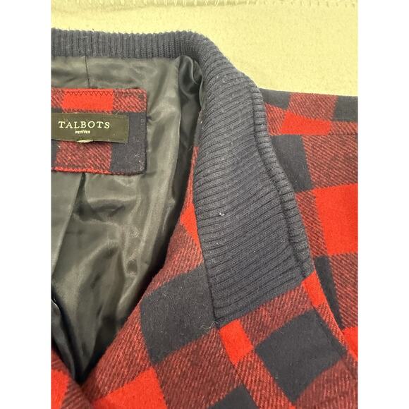 Talbots Womens Pea Coat Red Buffalo Plaid Lined Wool Jacket Sz L 14 Petite Navy - Picture 7 of 16